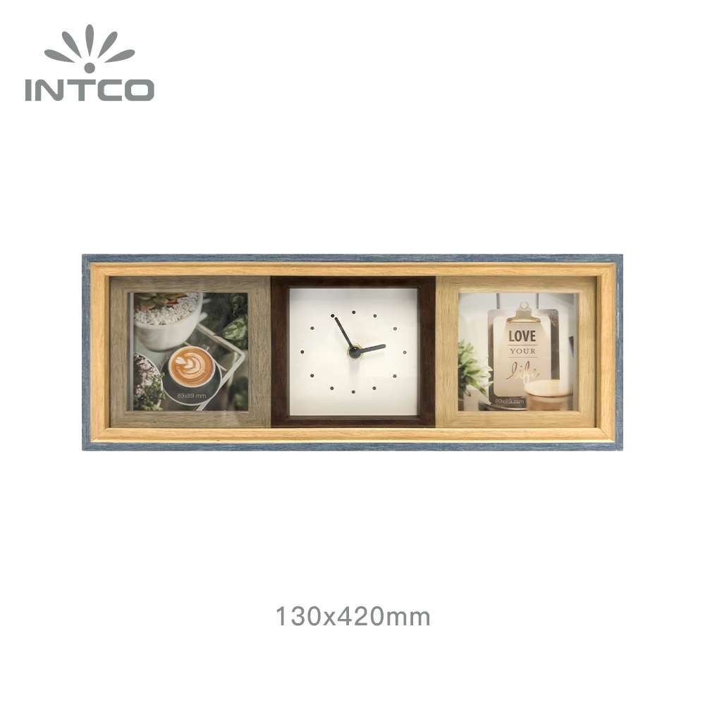 3-opening collage photo frame with wall clock with 2 replaceable photos